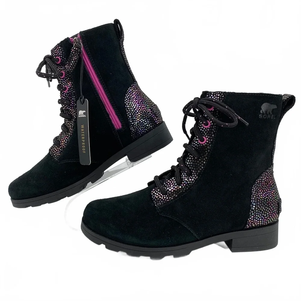 Sorel Black Pink Sparkle Lace-Up Boots | Kids' Leather Combat 5
